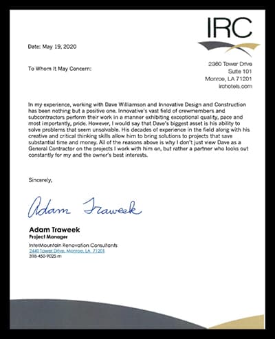 Recommendation letter from IRC Hotels