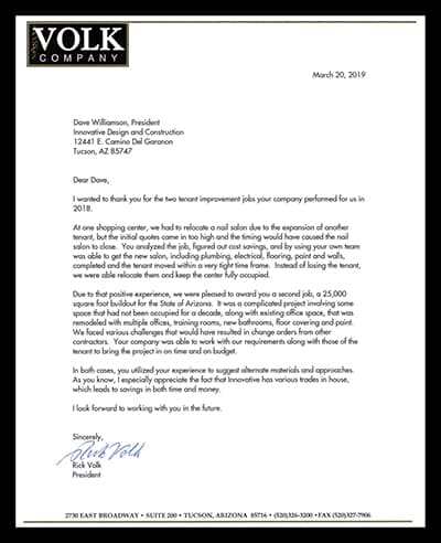 Recommendation letter from Volk Company
